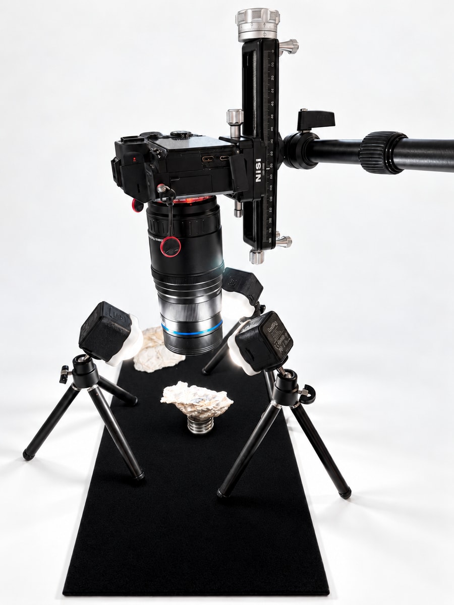 Brokehn macro imaging rig with camera, focusing rail, lights, black mat, and oyster specimen