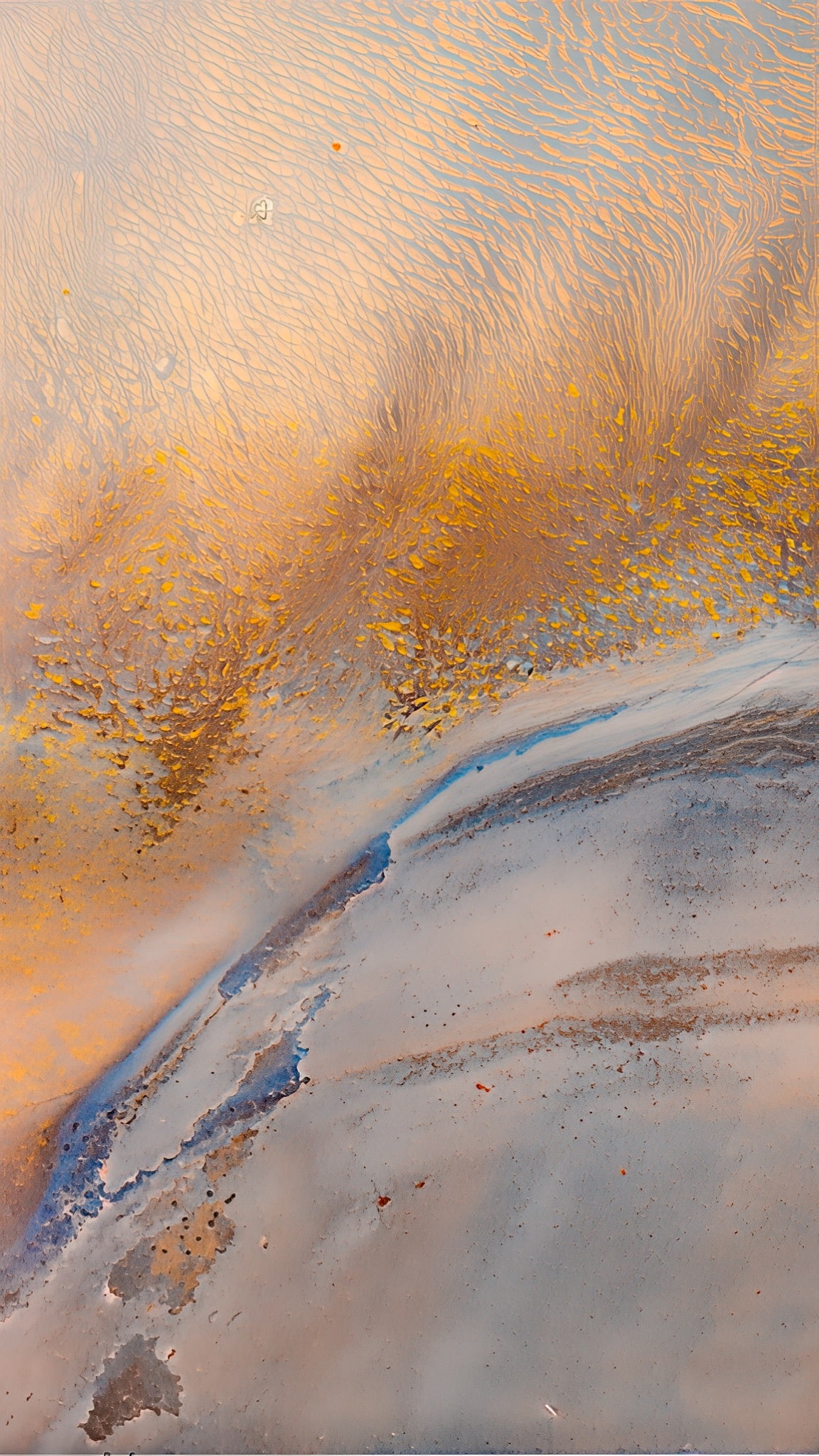Vertical macro oyster-shell study in pale gray, blue, and gold